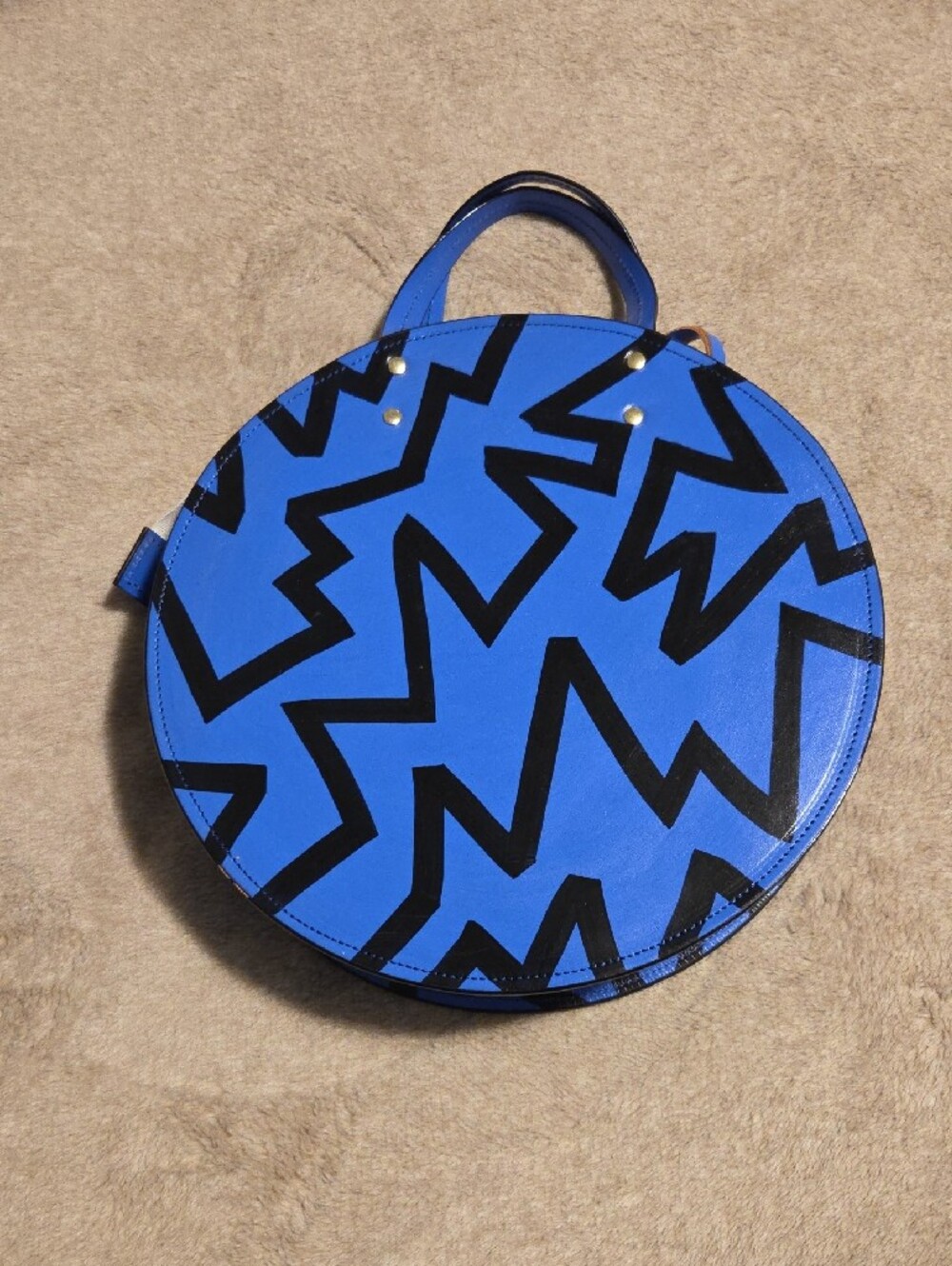 Round Blue Graphic Leather Shoulder Bag By Ann Howell Bullard - Picture 3 of 7